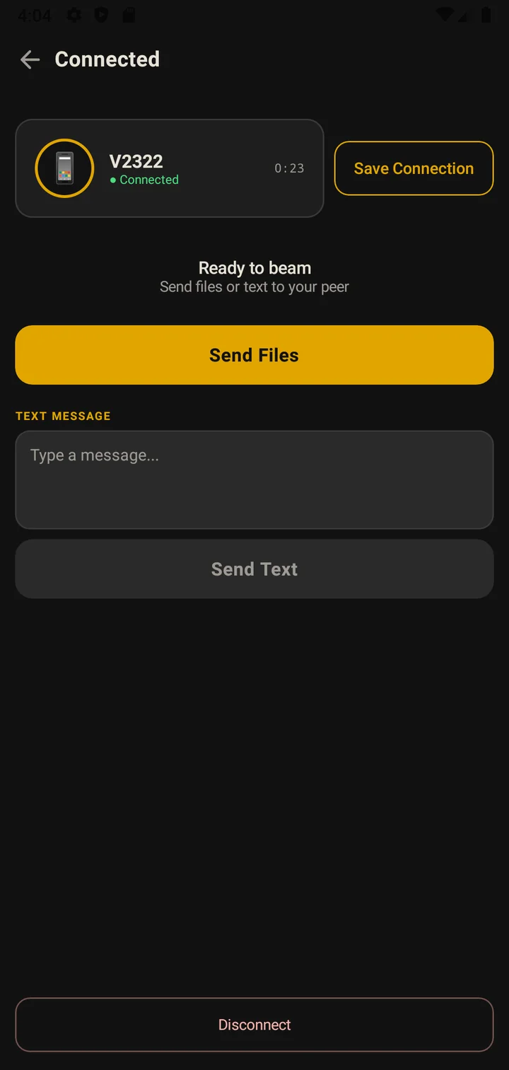 Beam — P2P File Transfer on Android, connected to another device and ready to send files or text
