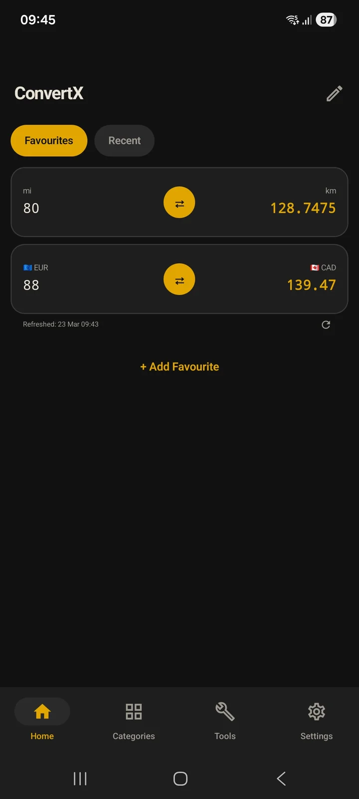 ConvertX — Unit Converter & Tools on Android, showing favourite conversion cards on the home screen
