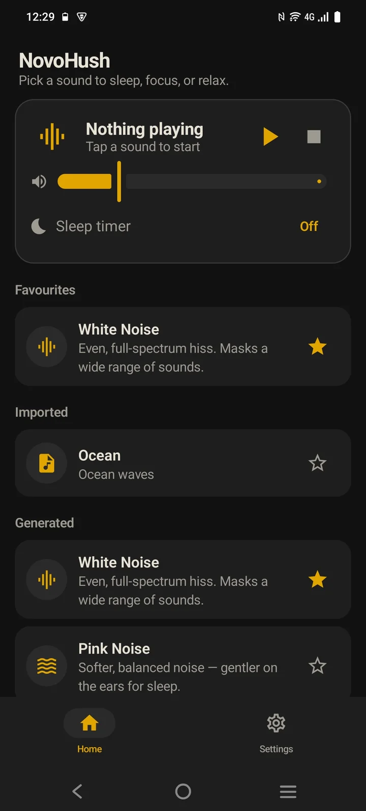 NovoHush — White Noise & Sleep on Android, showing white and pink noise sounds with a sleep timer